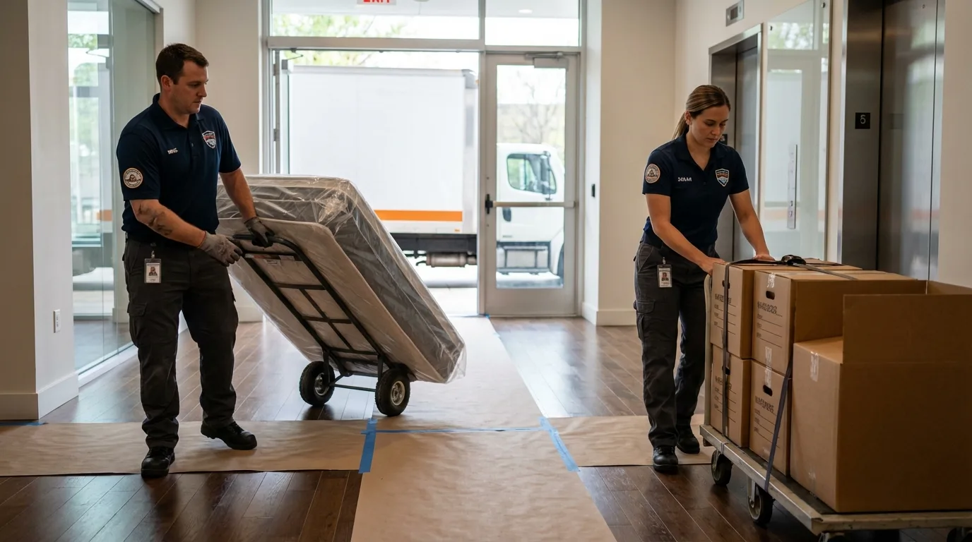 Professional apartment movers loading elevator in Burkburnett, TX
