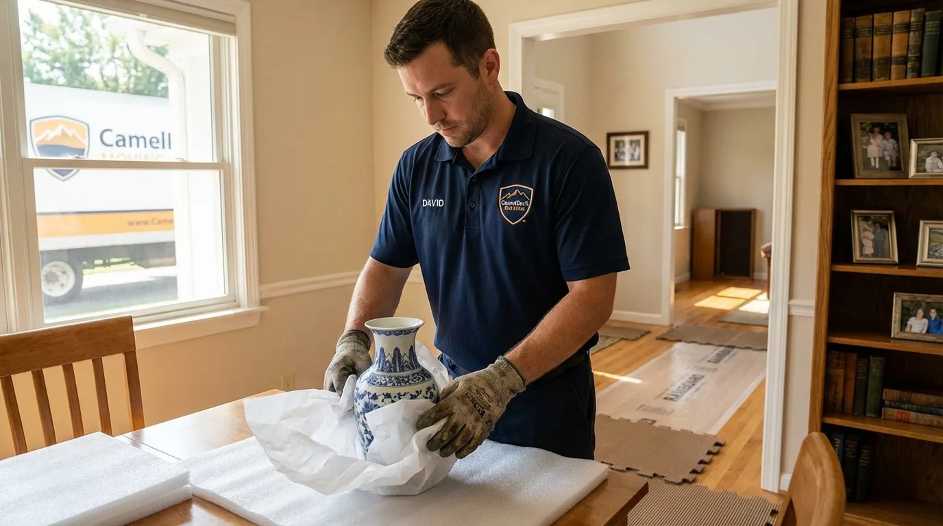 Professional crew carefully wrapping antique vase for senior downsizing move in Burkburnett, TX
